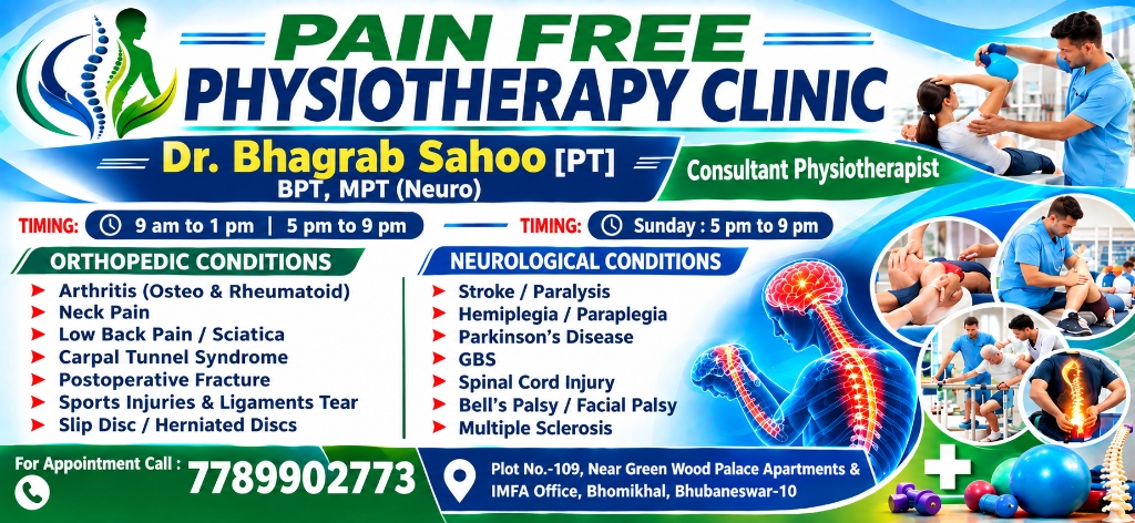 Pain Free Physiotherapy Clinic signboard in Bomikhal Bhubaneswar