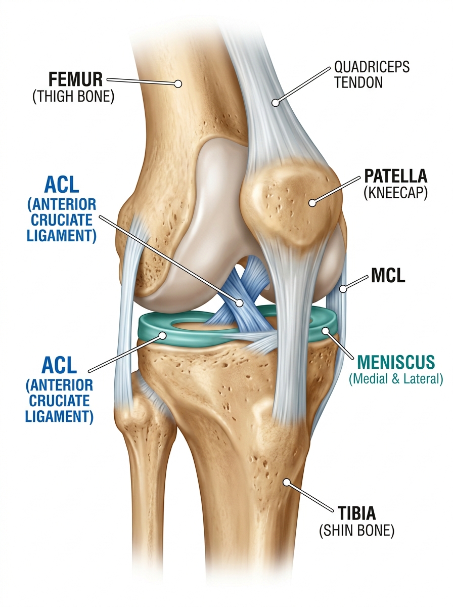 Clear medical illustration of a human knee joint showing ACL, meniscus, and patella